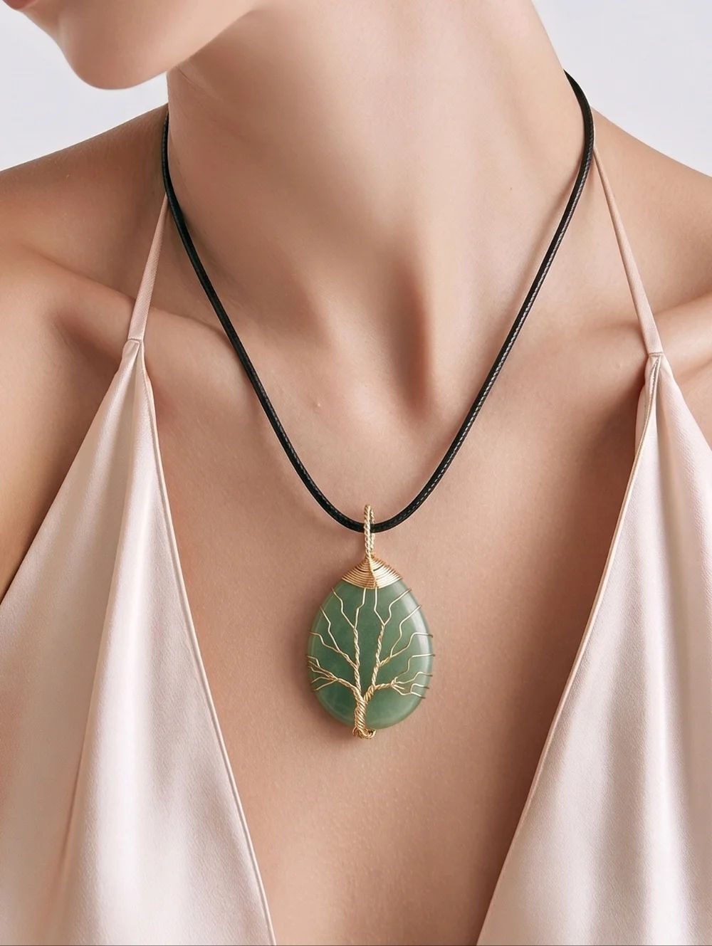 Green Aventurine Tree of Life Wire Wrapped Necklace Boho Crystal Pendant Gold